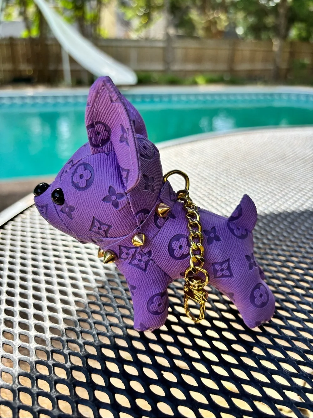 Bag Charm/Key Fob Adorable Purple Frenchie with Gold Accents and Spiked Collar!